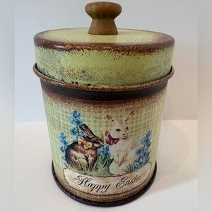 Easter Metal Tin Small 5” Tall Green Plaid Cute Container Easter Bunny Spring